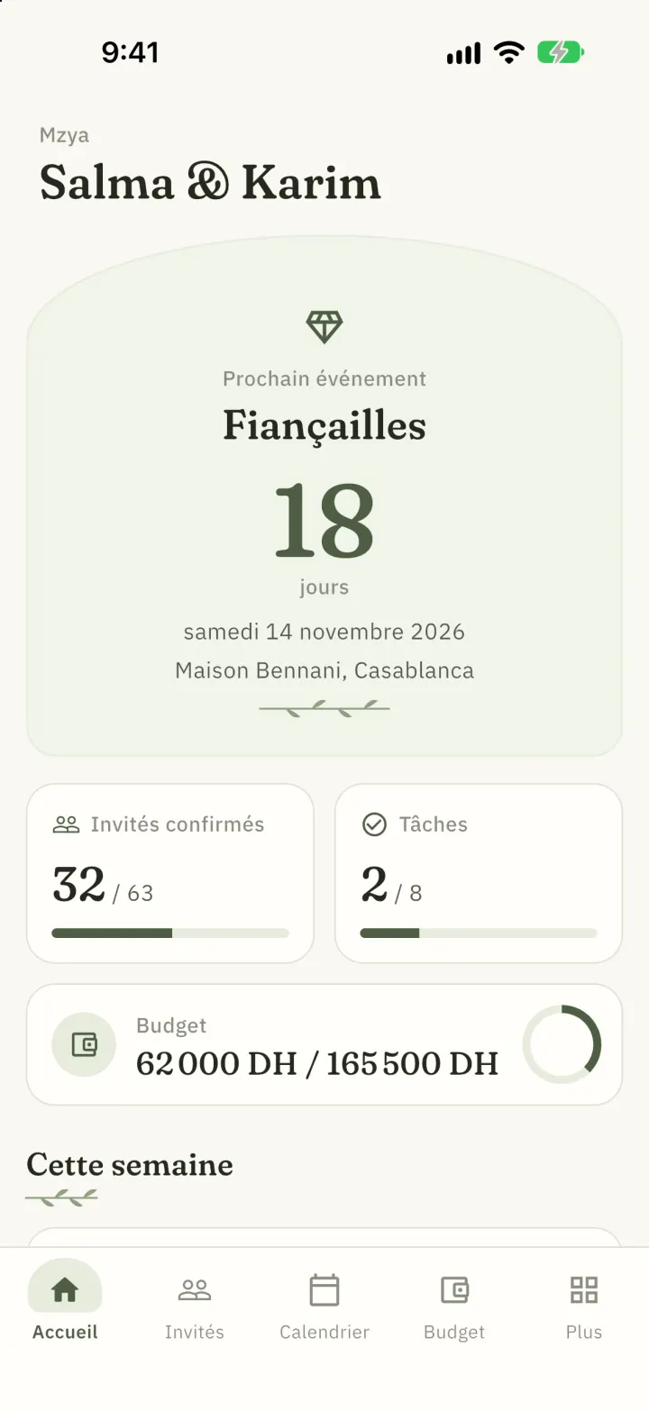 Écran de Mzya : Accueil
