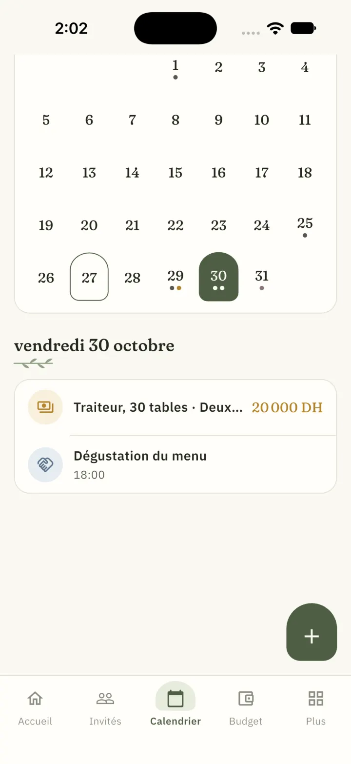 Écran de Mzya : Calendrier